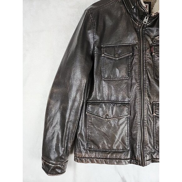 Levi's Aviator Bomber Jacket Men's Size Large Brown Faux Leather Sherpa Lined - Picture 2 of 13